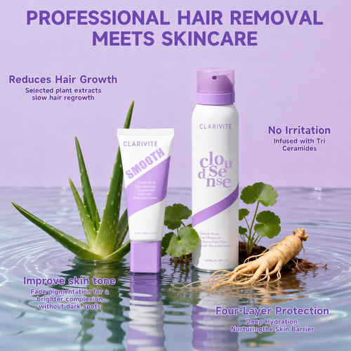 Professional hair removal meets skincare: Clarivite duo in water scene with aloe and ginseng