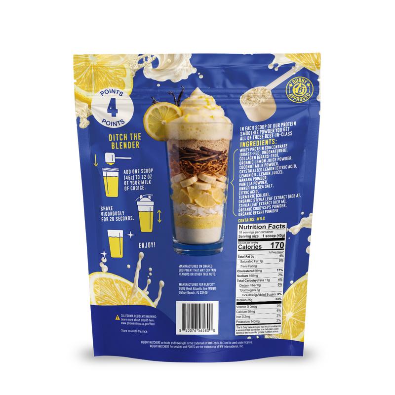 FlavCity Whipped Lemonade Protein Smoothie Powder - back of bag with ingredients