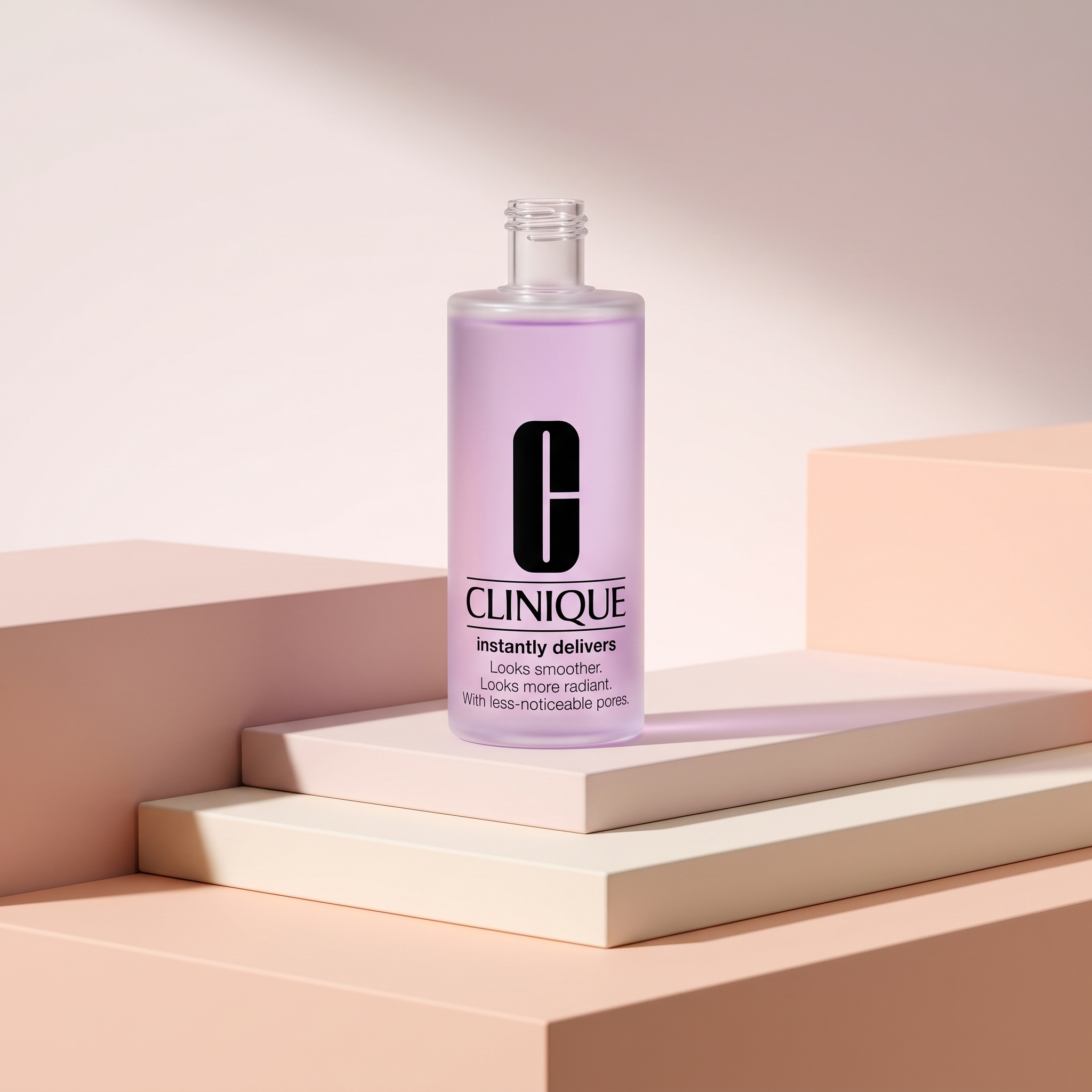 Clinique skincare product on elegant pastel podium, premium studio lighting