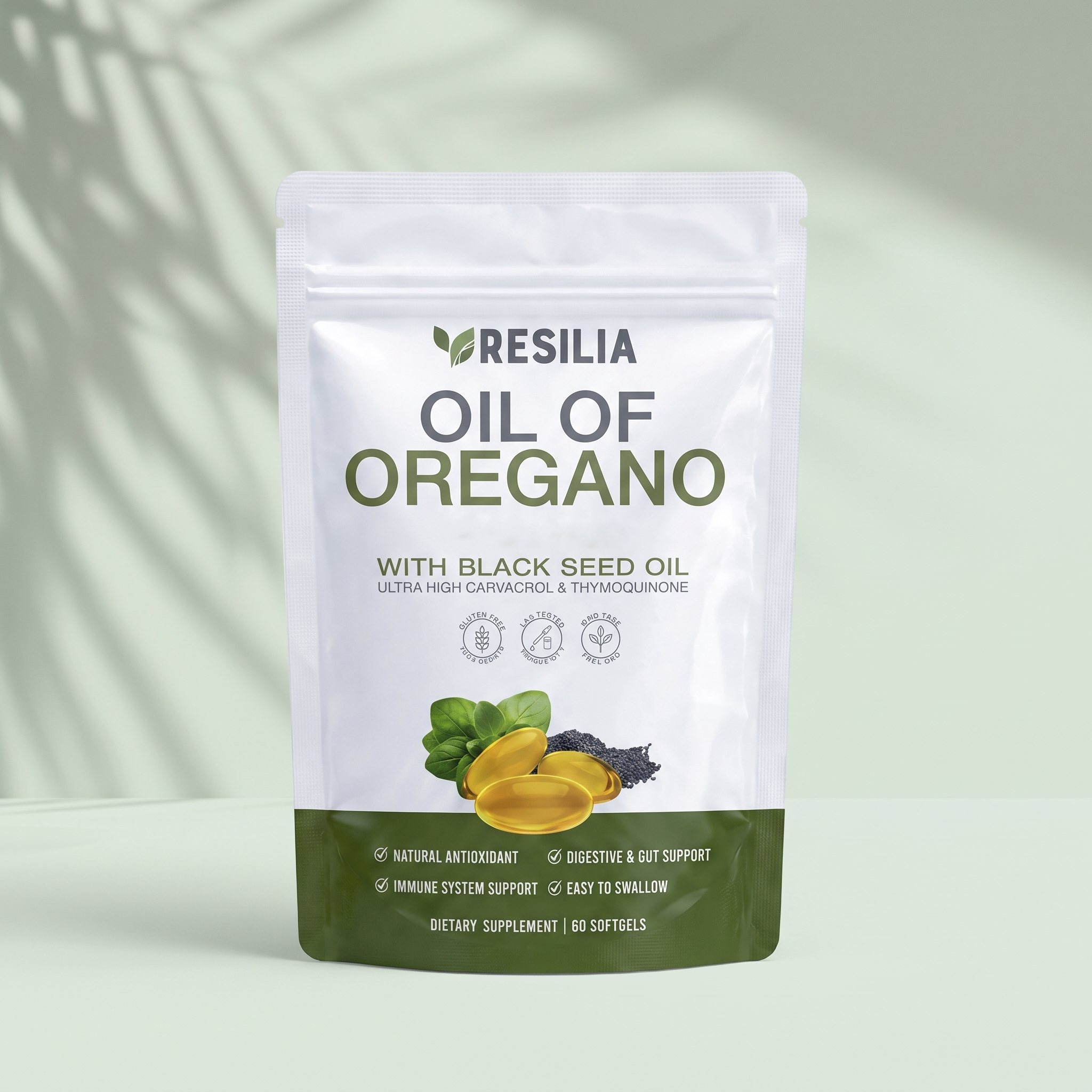 Oil of Oregano with Black Seed Oil pouch on sage studio backdrop