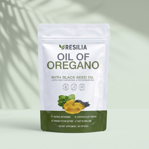 Oil of Oregano with Black Seed Oil pouch on sage studio backdrop