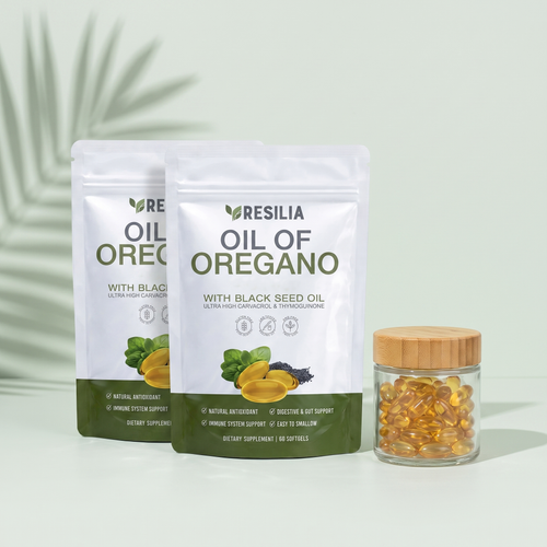 Two Oil of Oregano pouches with free bamboo-lid glass jar of softgels