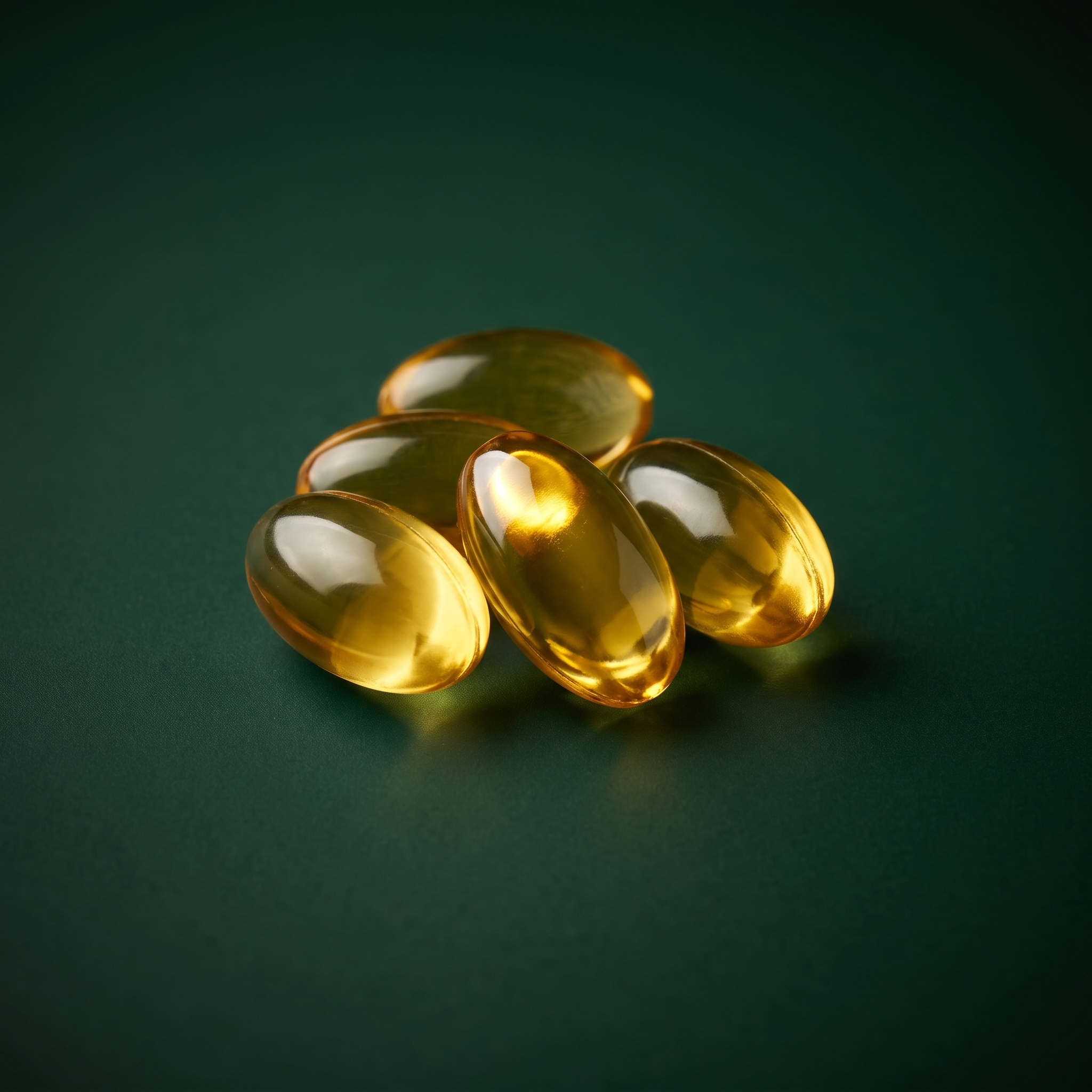 Golden amber softgel capsules macro on deep green backdrop