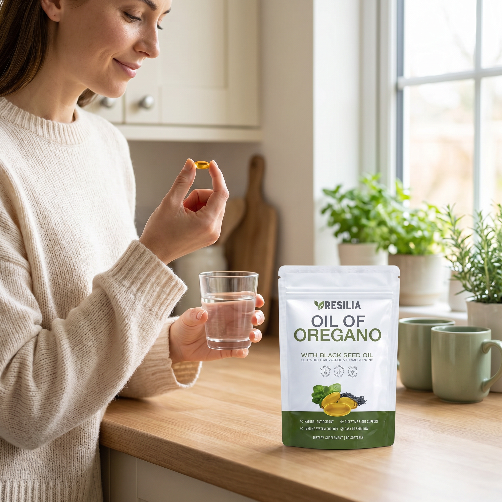 Taking a softgel with water at a bright kitchen counter