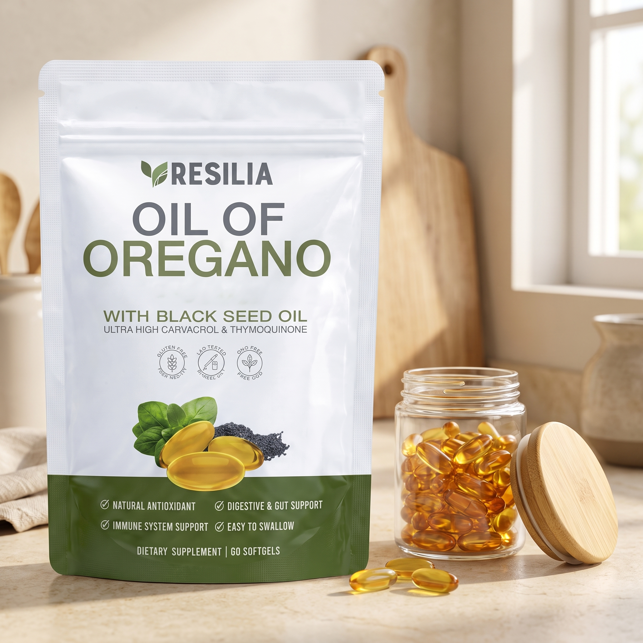 Pouch beside glass jar filled with golden softgels on kitchen counter