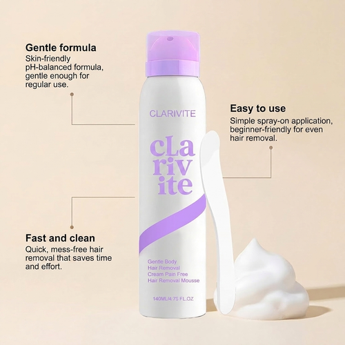 Clarivite hair removal spray bottle with benefit callouts: gentle formula, easy to use, fast and clean