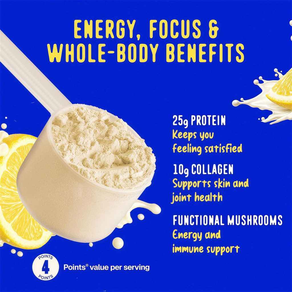 Scoop of protein smoothie powder with energy, focus and whole-body benefits
