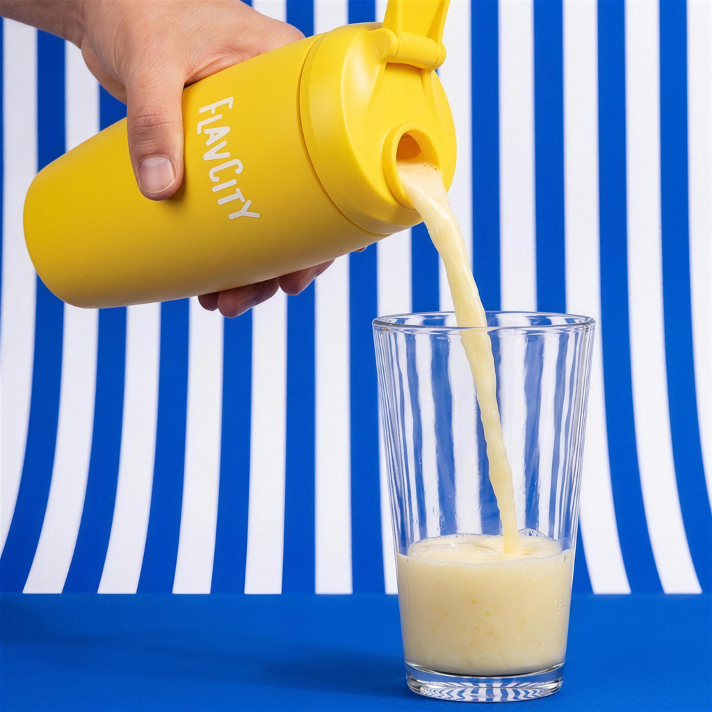 Pouring Whipped Lemonade Protein Smoothie from FlavCity shaker bottle into glass